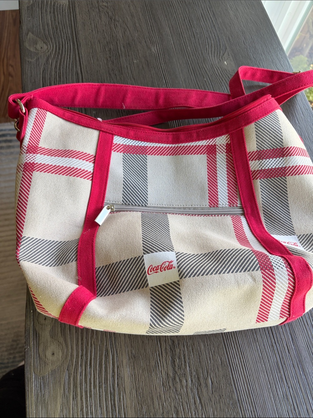 Coca Cola Red and Cream Plaid Shoulder Bag with Front Zip